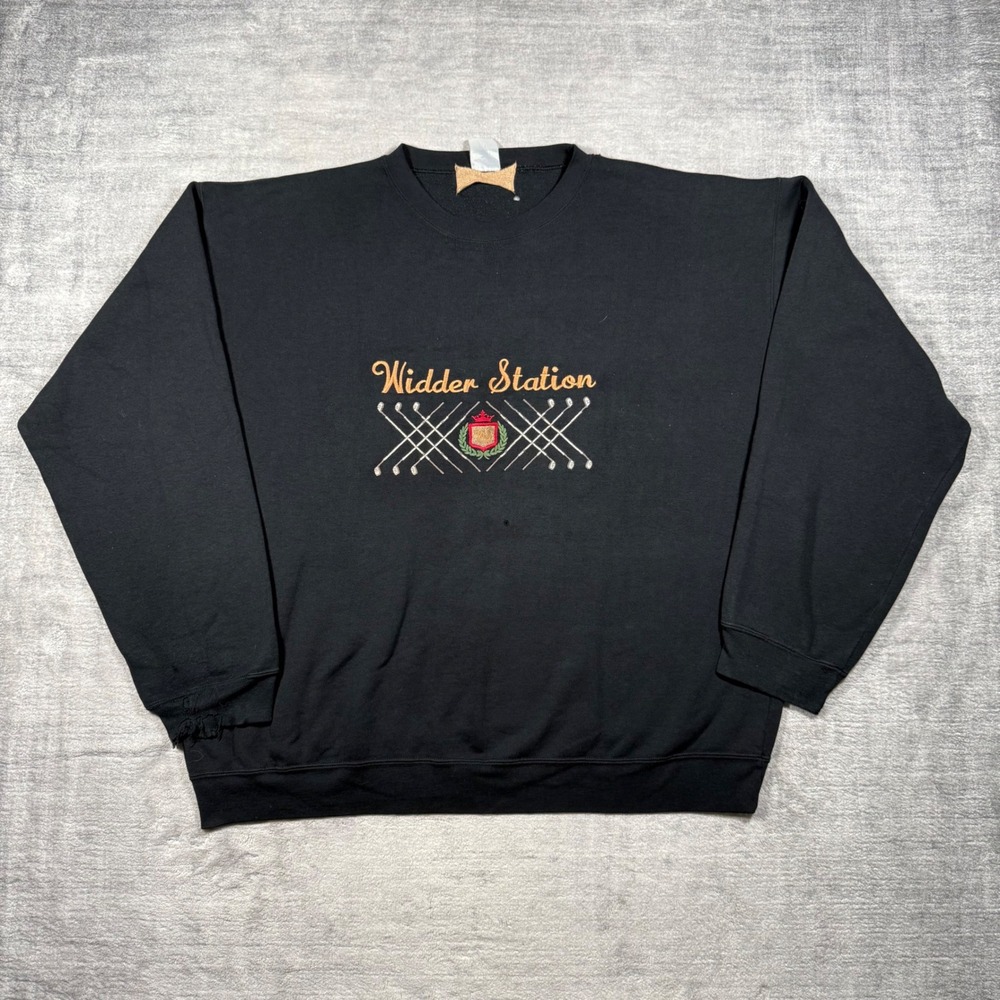 Widder Station Golf Sweatshirt Mens XL Black Vintage 90s Embroidered Crewneck